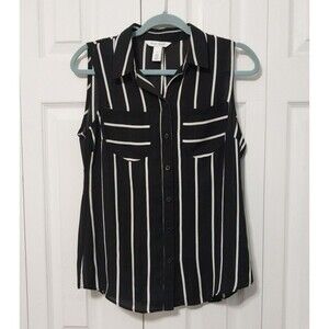White House Black Market Sleeveless  Top Blouse Black White Stripe Pockets Sz 4